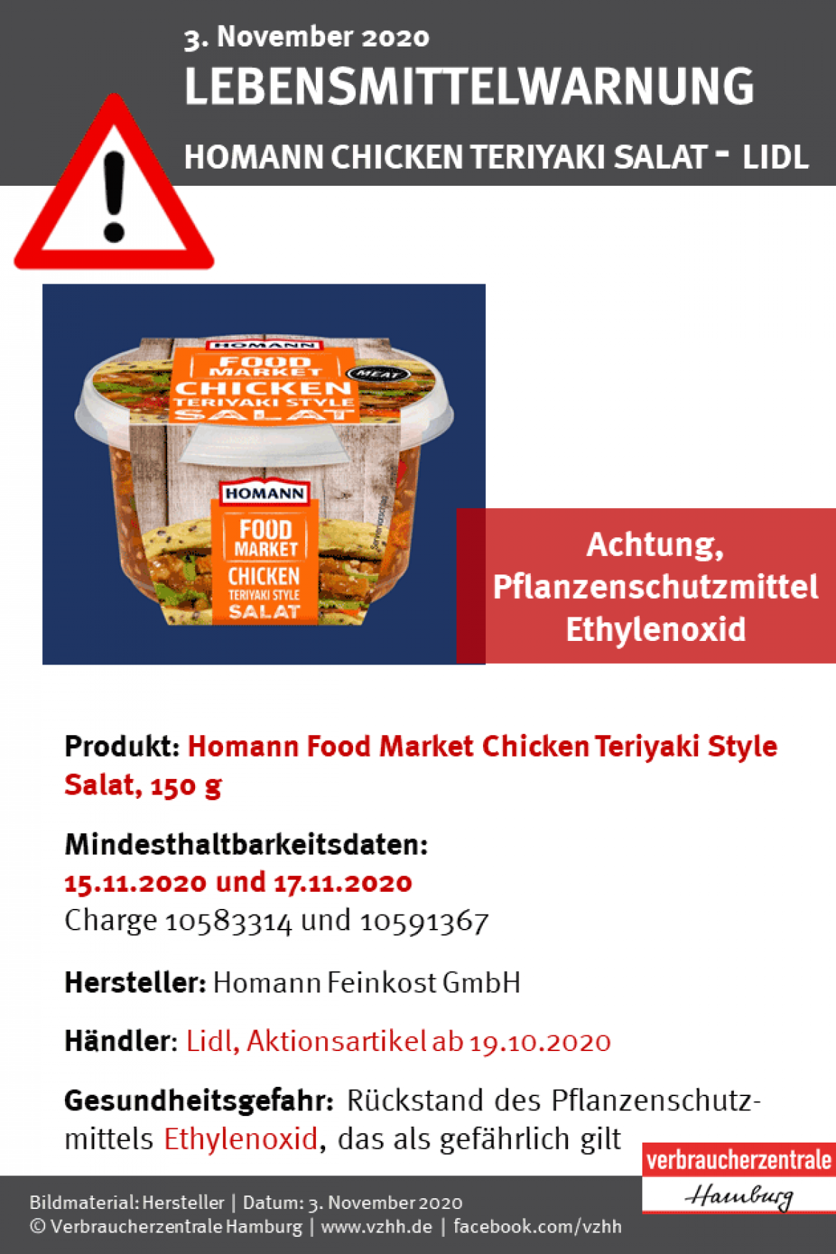 Ethylenoxid: Chicken Teriyaki Salat von Homann (2020)