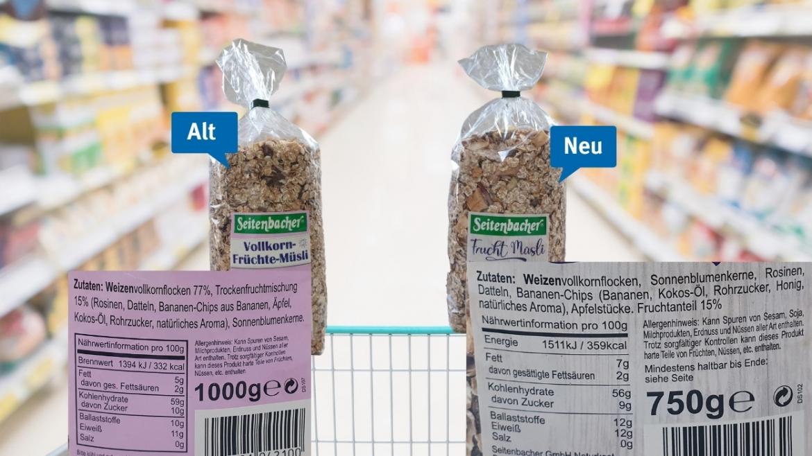 Mogelpackung: Frucht Müsli von Seitenbacher; Alt-Neu-Zutatenvergleich (2020)