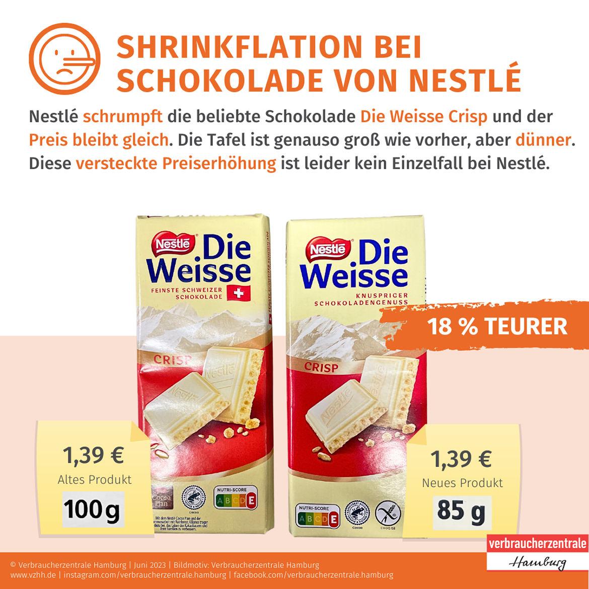 Mogelpackung: Nestle Schokolade Weisse Crisp im Alt-Neu-Vergleich (2023)