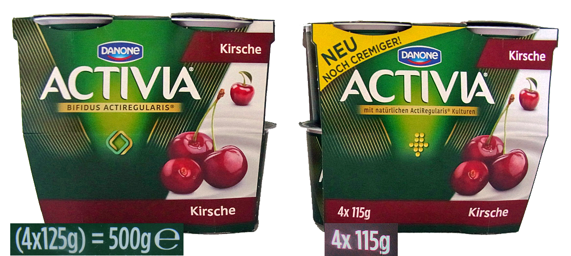 Joghurt Activia Kirsche: alte und neue Packung nebeneinander
