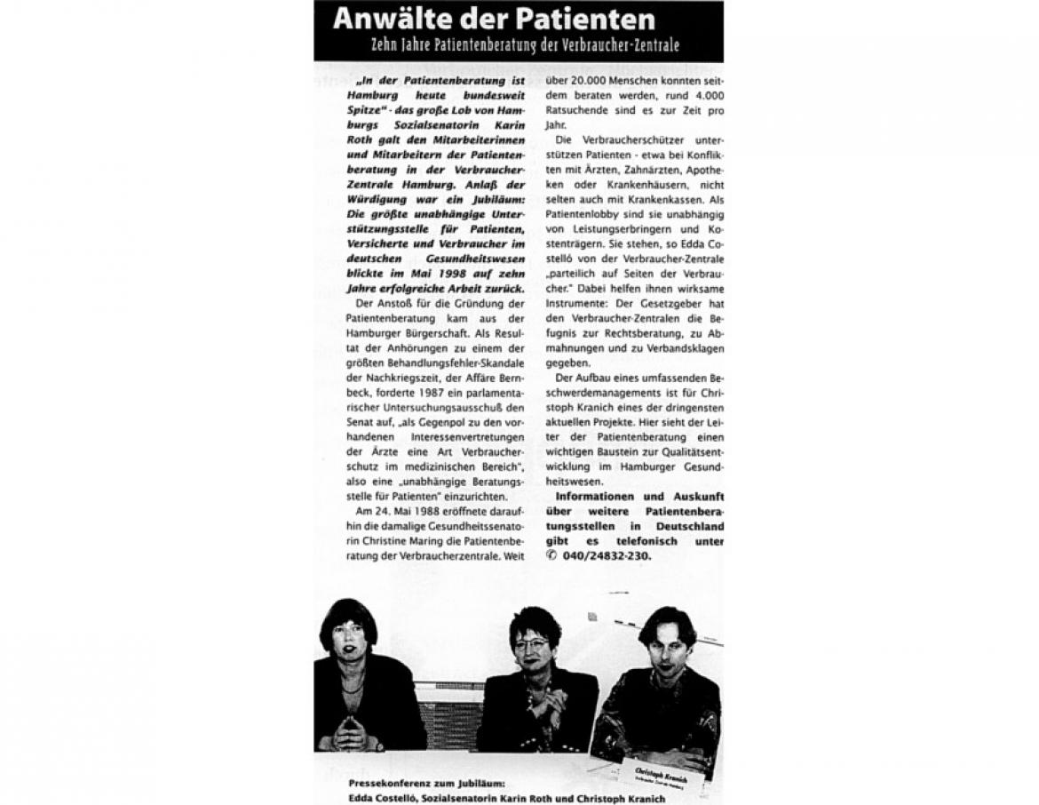 Artikel "Anwälte der Patienten" zu zehn Jahren Patientenberatung in der Verbraucherzentrale Hamburg (1998)