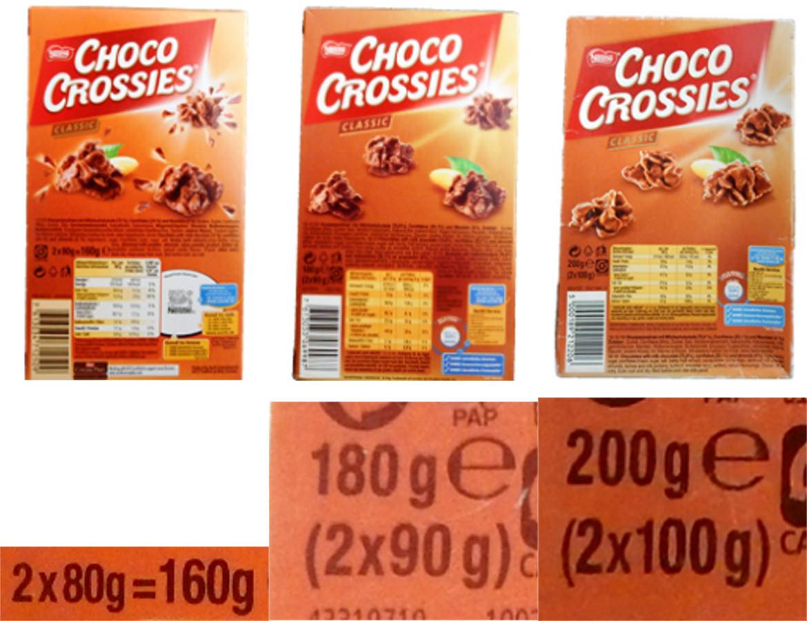 Vergleich dreier Verpackungsgrößen der Choco Crossies von Nestlé