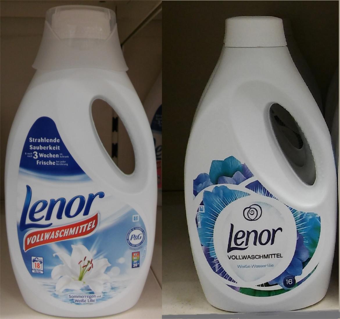 Vergleich der alten und neuen Verpackungsgrößen des Vollwaschmittels von Lenor