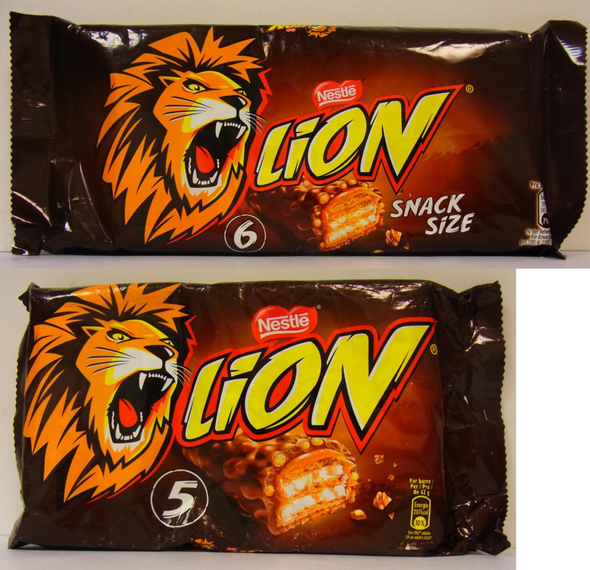 Vergleich der alten und neuen Verpackungsgrößen von Lion Schokoriegeln von Nestle