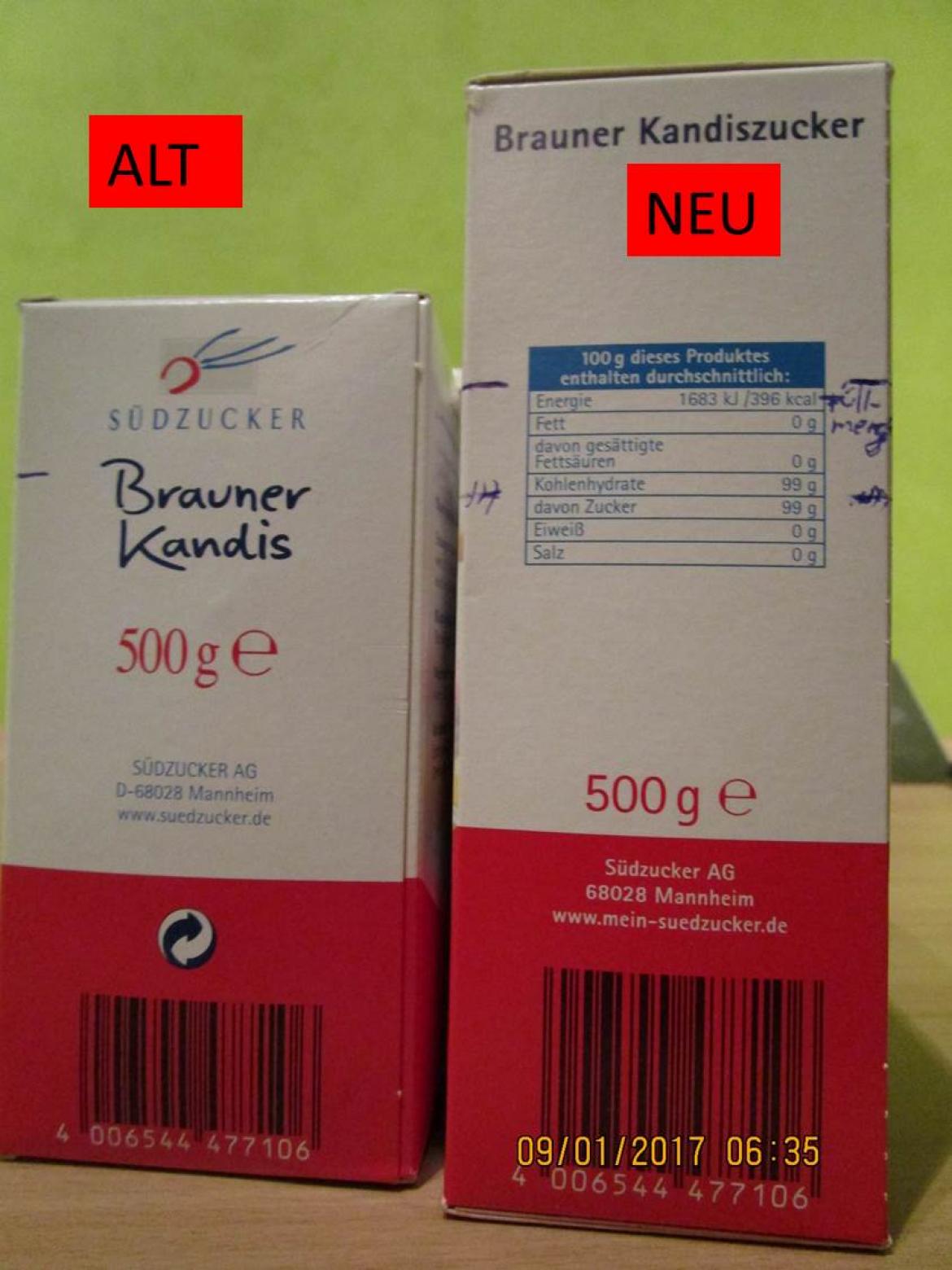 Vergleich der alten und neuen Verpackung des Braunen Kandis der Südzucker AG
