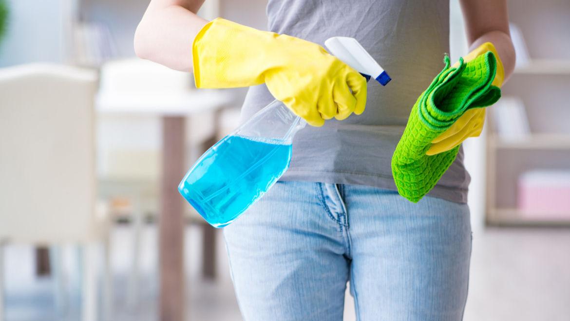 Frau beim Hausputz mit Sprühflasche und Lappen in der Hand