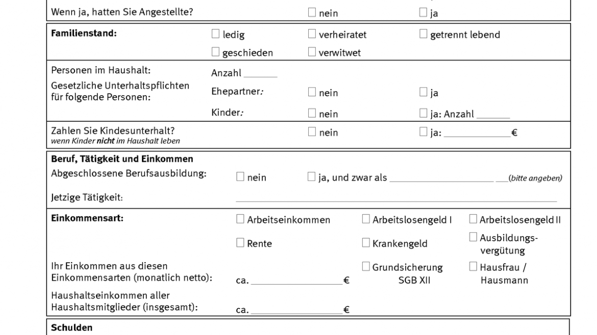 Schuldnerberatung: Titelbild des Anmeldeformulars für Schuldenregulierung bei der Verbraucherzentrale