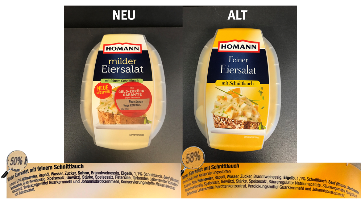 Alte und neue Rezeptur des milden Eiersalats von Homann