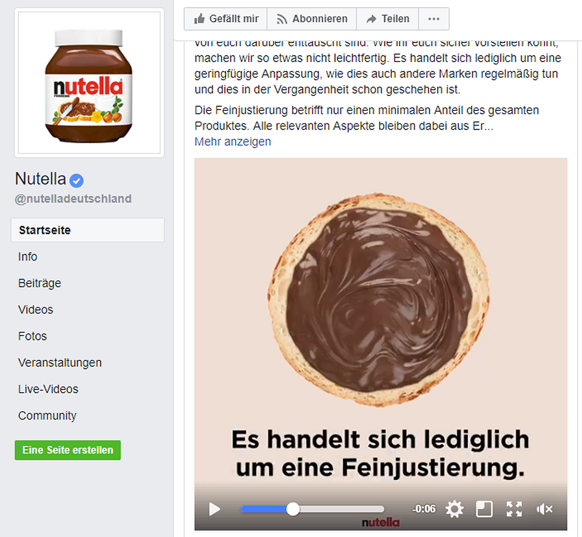 Screenshot von Nutella-FB-Seite zur Rezepturänderung