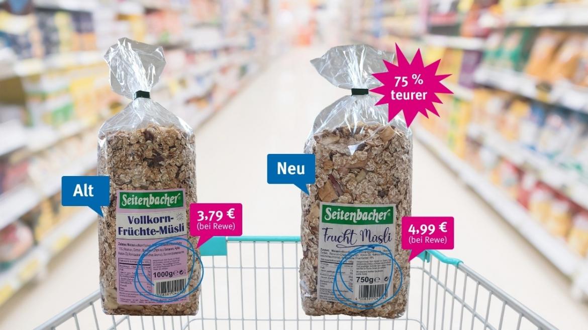 Mogelpackung: Frucht Müsli von Seitenbacher; Alt-Neu-Produktvergleich (2020)