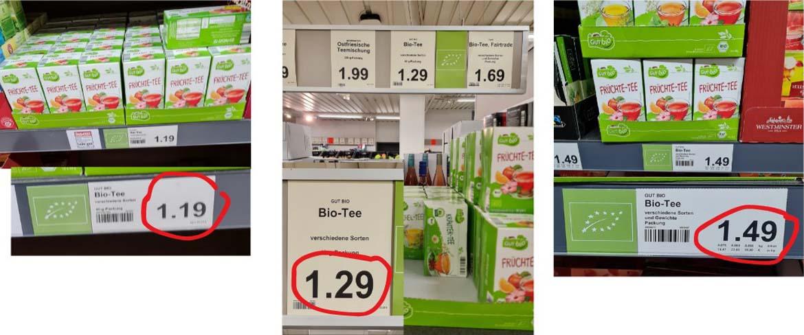 Mogelpackung: Aldi Gutbio Früchtetee mit Preisschildern in drei Filialen