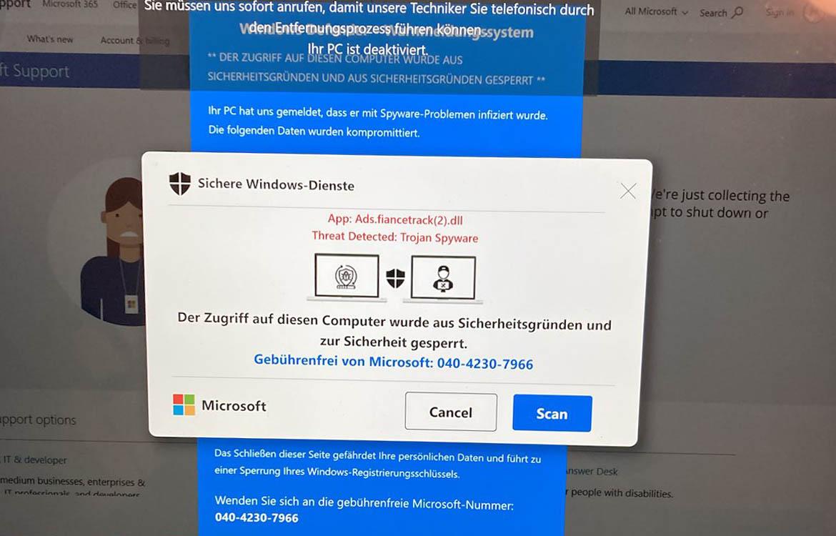 Microsoft: Sperrbildschirm mit Verweis auf Technik-Support