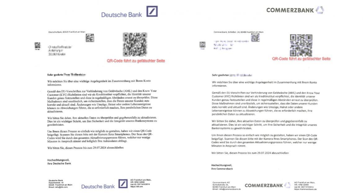 Vermeintliche Briefe von Deutscher Bank und Postbank mit QR-Codes