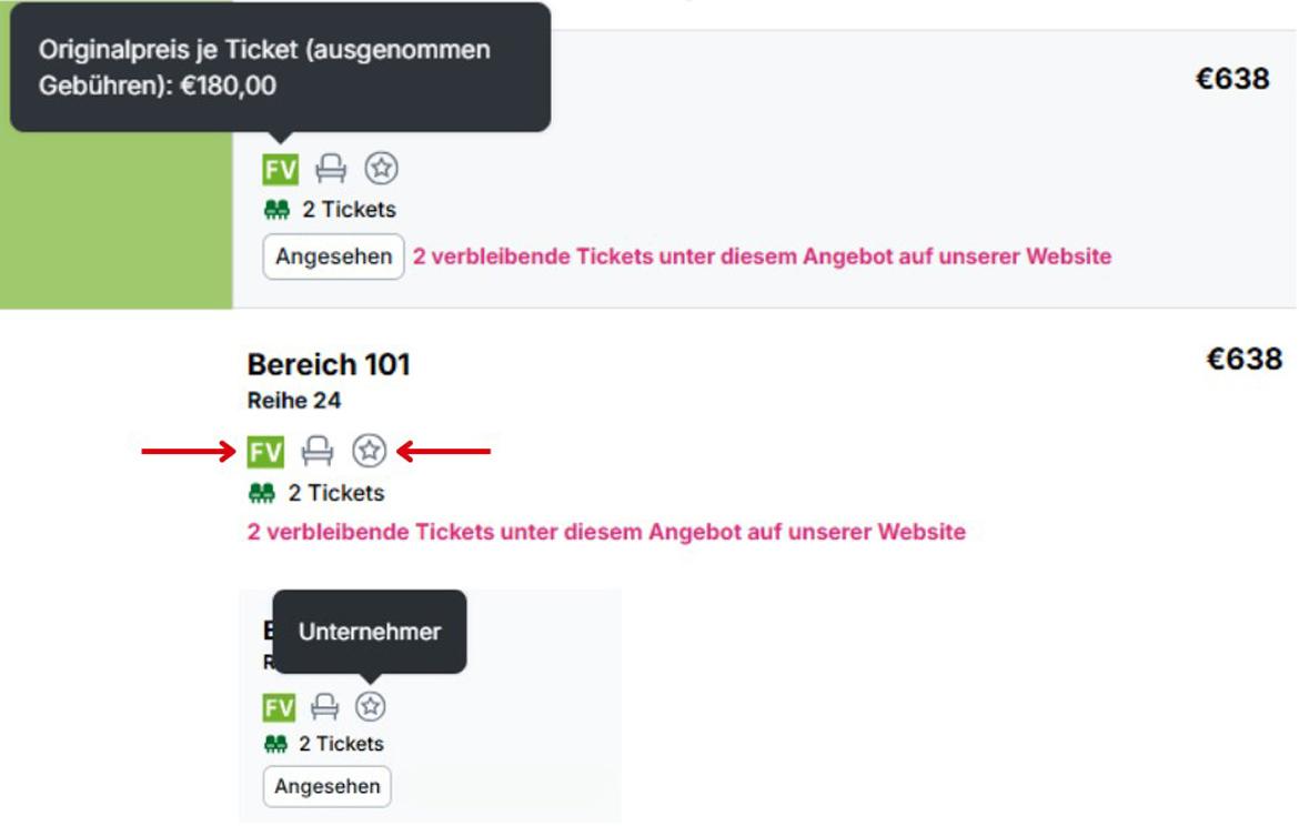 Ticket-Icons (Originalpreis, Verkäufer) auf Viagogo