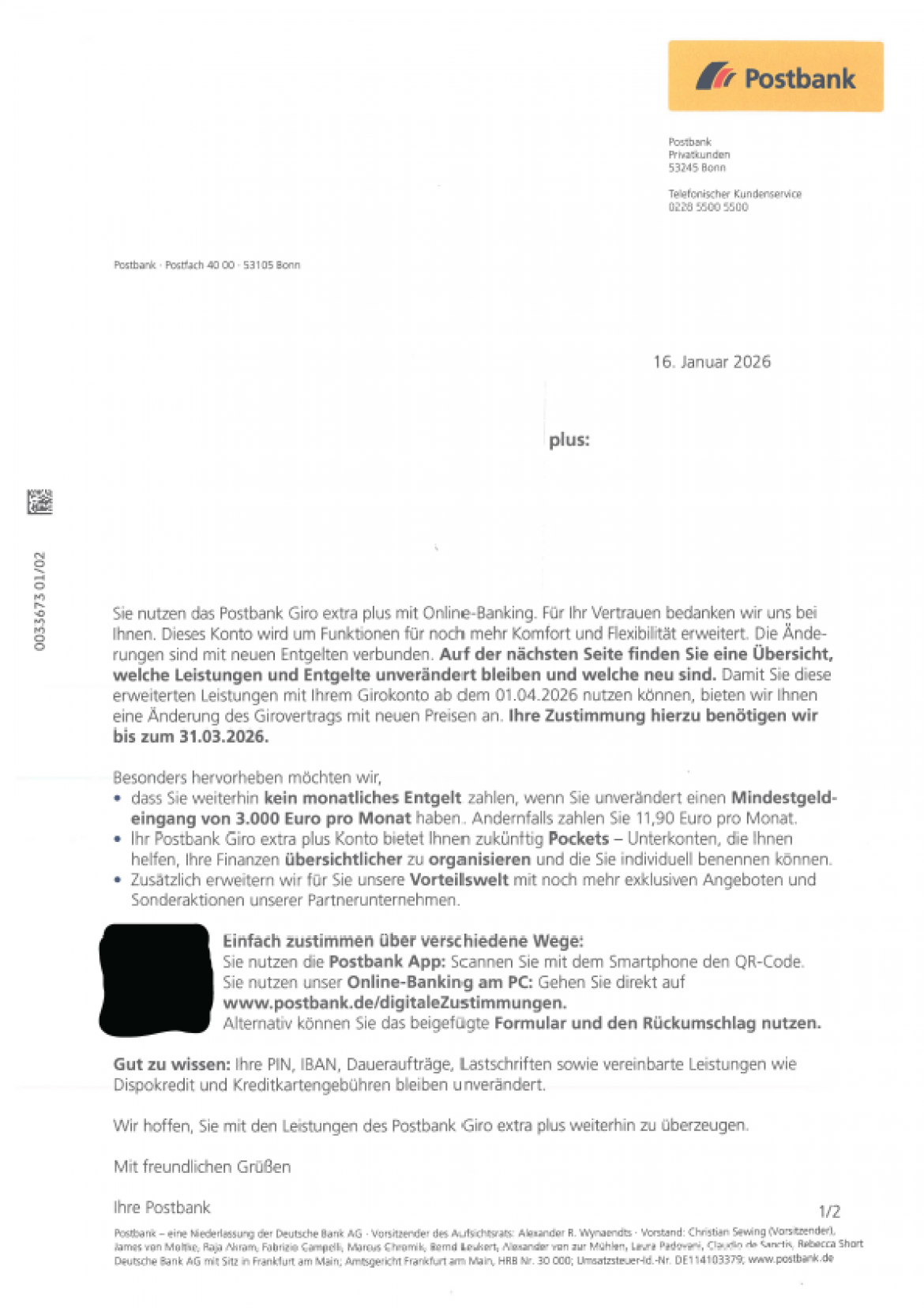 Postbank: Anschreiben zum Konto Giro extra plus (2026)