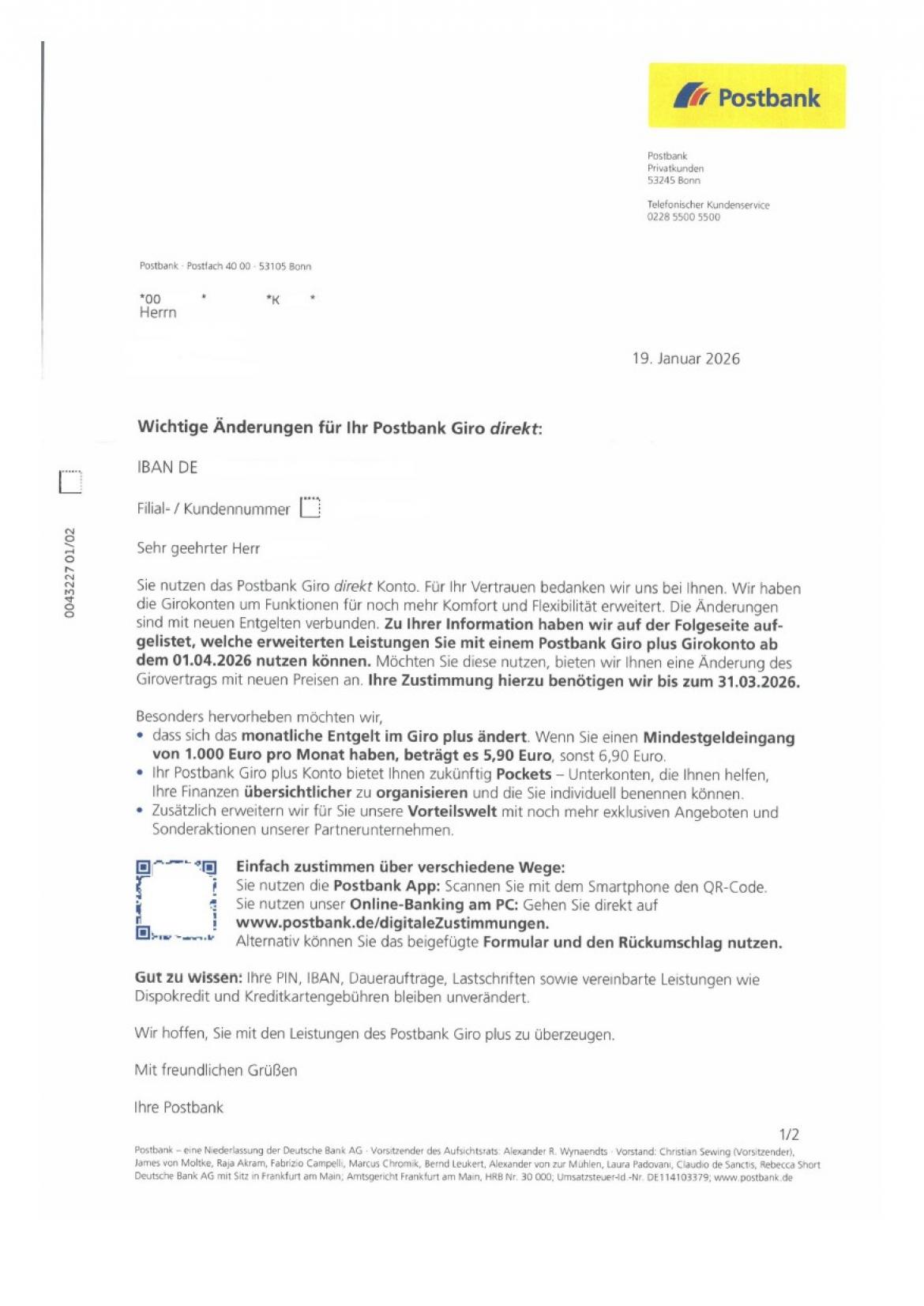 Postbank: Anschreiben zum Konto Giro direkt (2026)