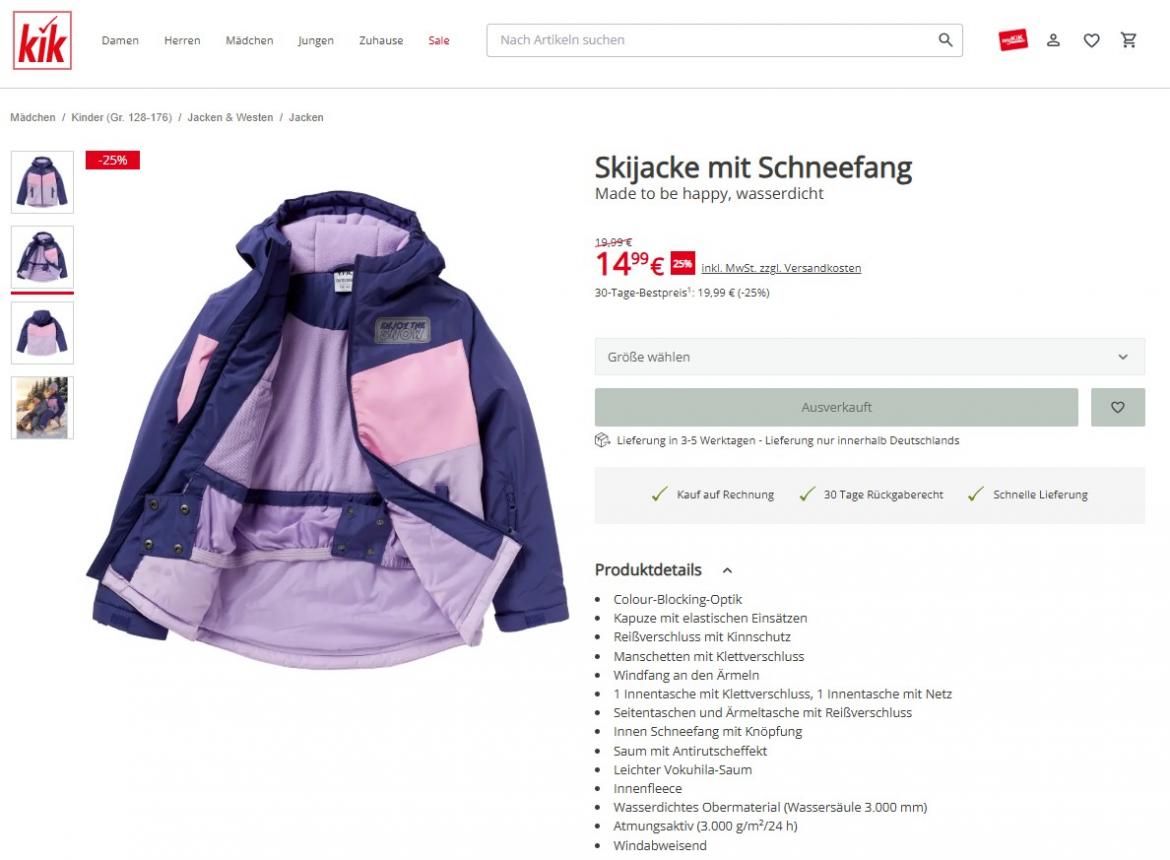 „Made to be happy“-Jacke im Online-Shop des Textil-Discounters KiK