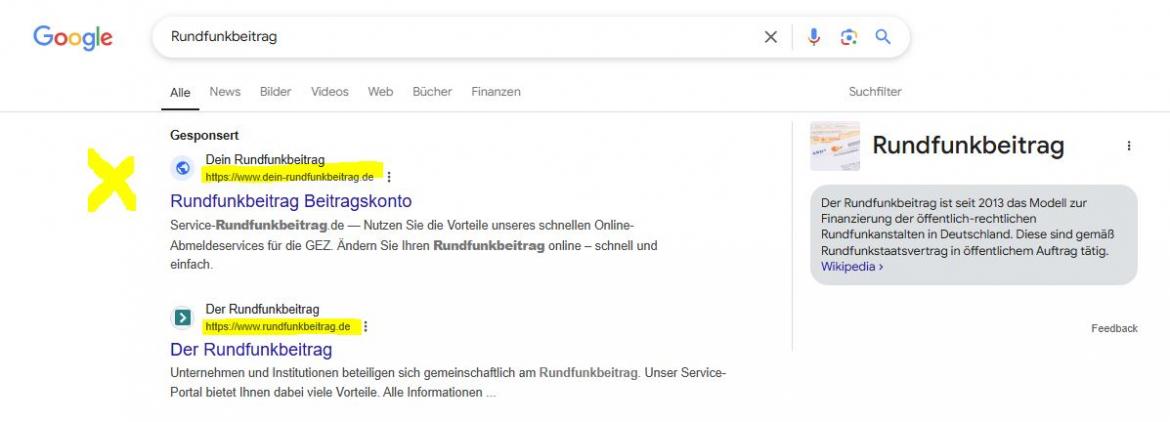 Behörden-Nepp: Screenshot Suchergebnis für dein-rundfunkbeitrag.de (2025)