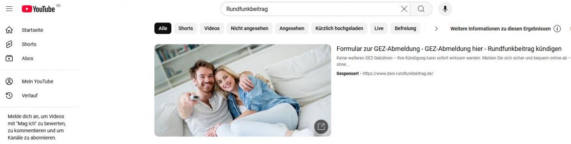 Behörden-Nepp: Screenshot Youtube-Werbung für dein-rundfunkbeitrag.de (2025)