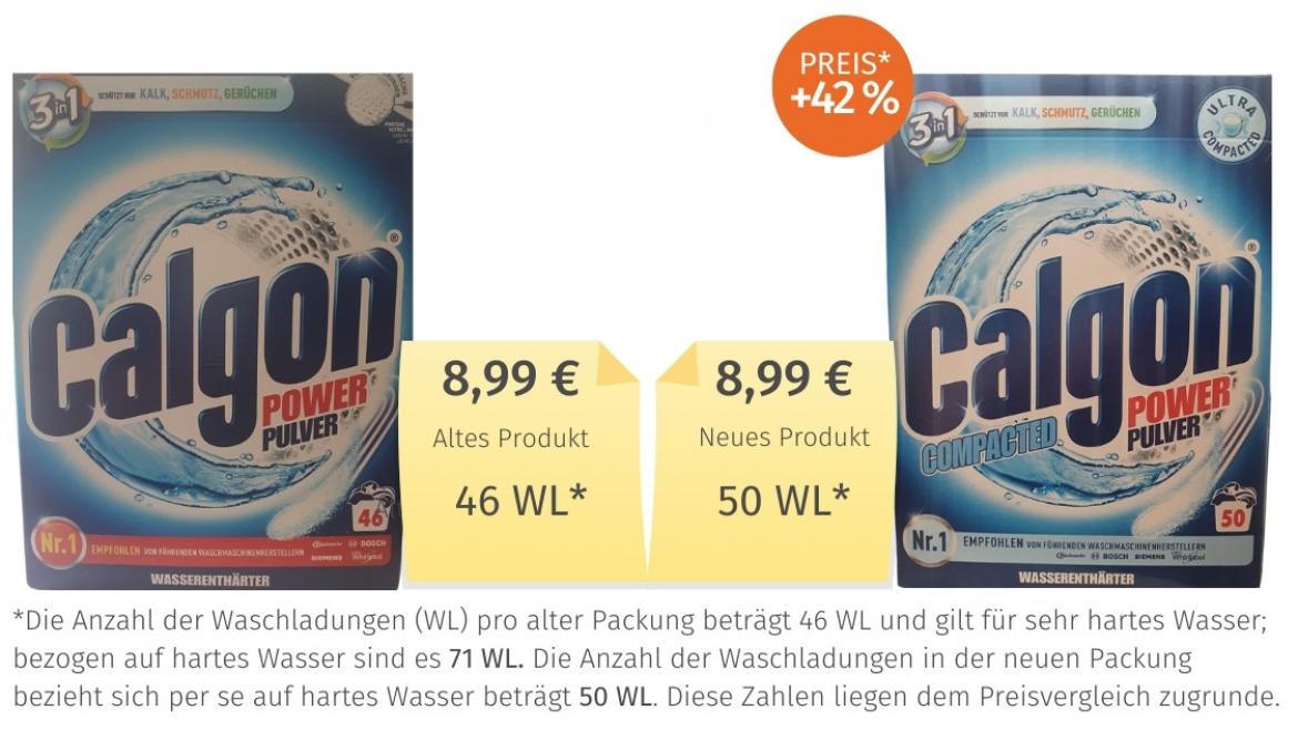 Mogelpackung: Calgon Wasserenthärter von Reckitt Benckiser Alt-Neu-Vergleich (2022)