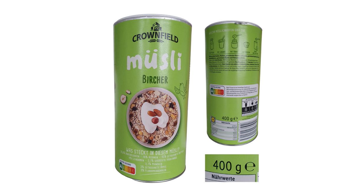 Vorder- und Rückseite der Dose des Bircher Müslis mit 400 g