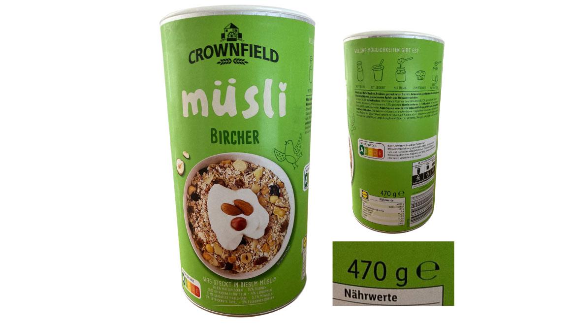 Vorder- und Rückseite der Dose des Bircher Müslis mit 470 g