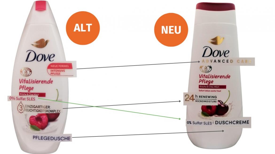 Mogelpackung: Dove Duschcreme Auslobungen auf der Vorderseite der Verpackung (2024)
