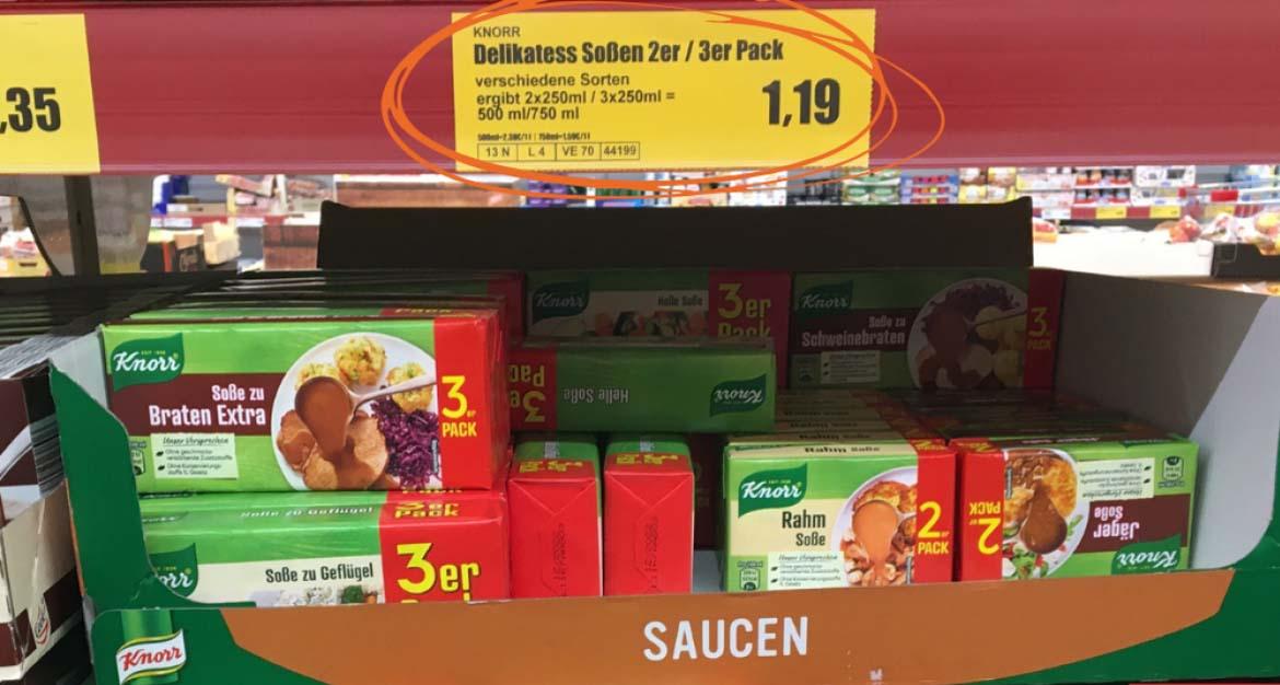 Mogelpackung: Knorr Soßen im Regal mit Preisschild (2021)