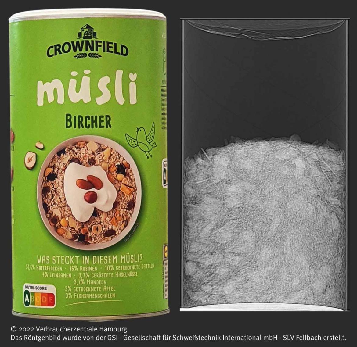 Luftpackung: Crownfield Bircher Müsli von Lidl (2022) mit Röntgenbild