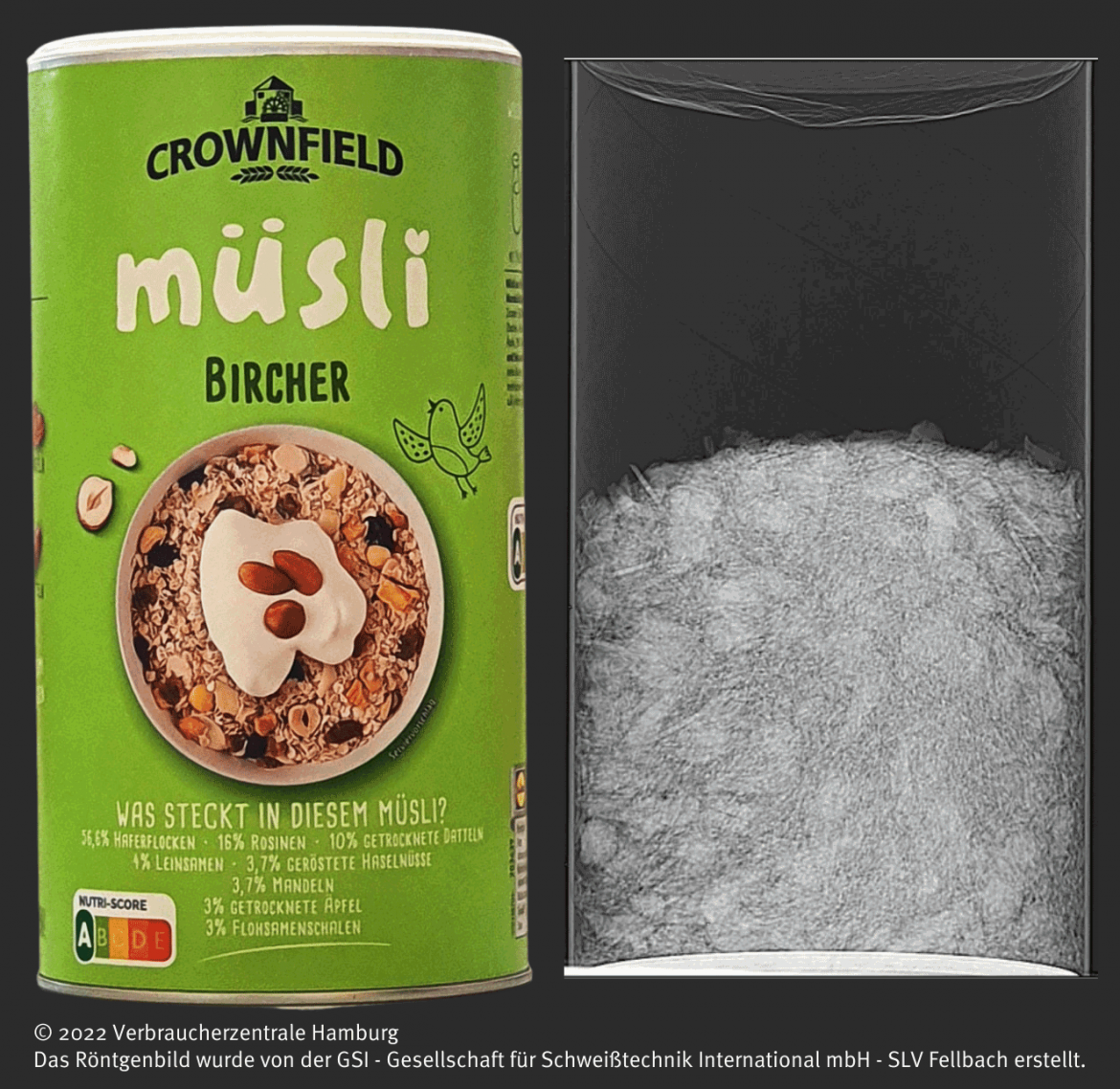 Luftpackung: Crownfield Bircher Müsli von Lidl (2022) mit Röntgenbild für Presse