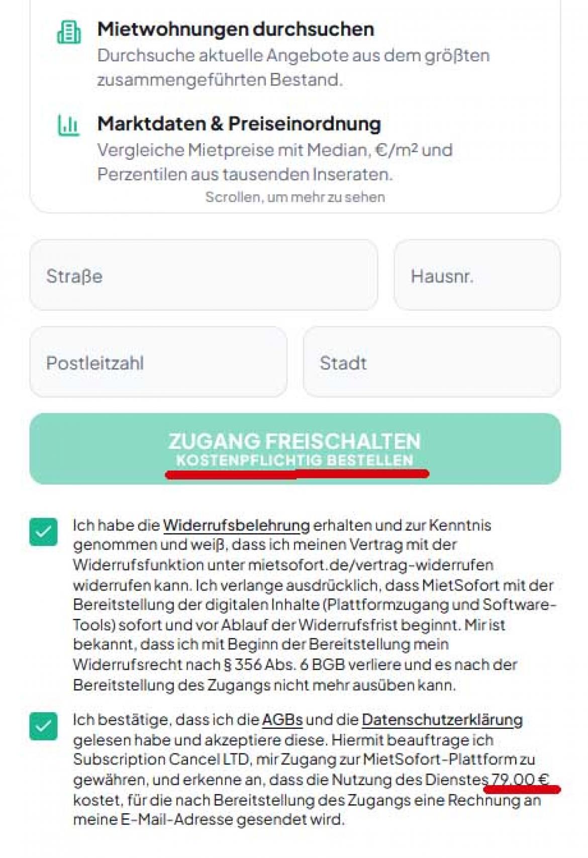 MietSofort: Bestellfenster mit Button und Kosten