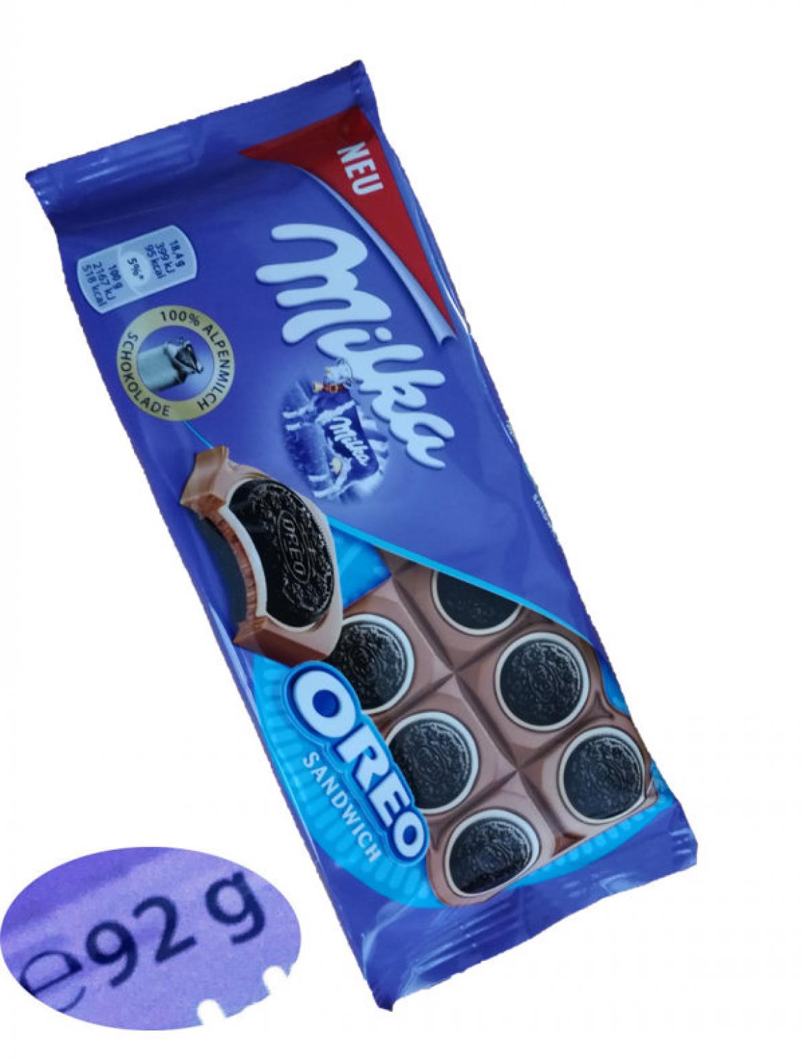 Mogelpackung: Schokoladentafel Milka Oreo Sandwich mit Grammangabe