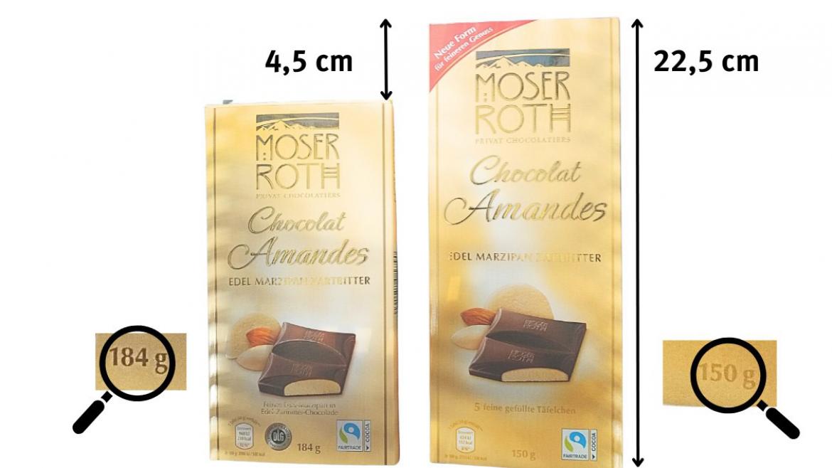 Mogelpackung: Chocolat Amandes von Aldi Packungsgröße im Alt-Neu-Vergleich (2023)