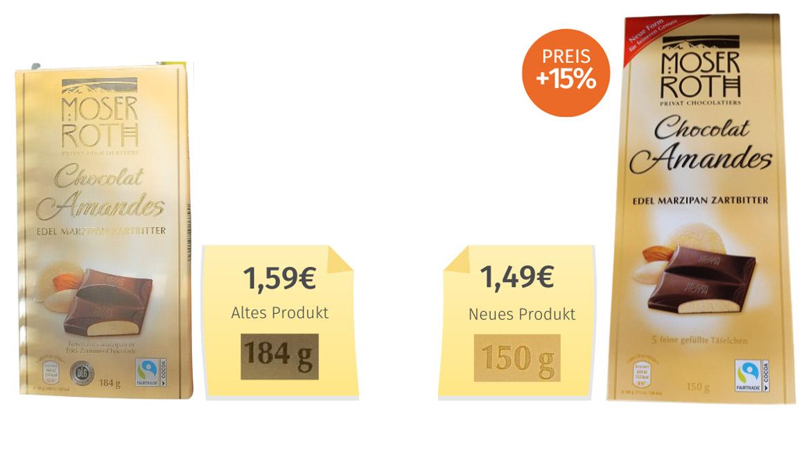Mogelpackung: Chocolat Amandes Zartbitter von Aldi im Alt-Neu-Vergleich mit Preisen (2023)