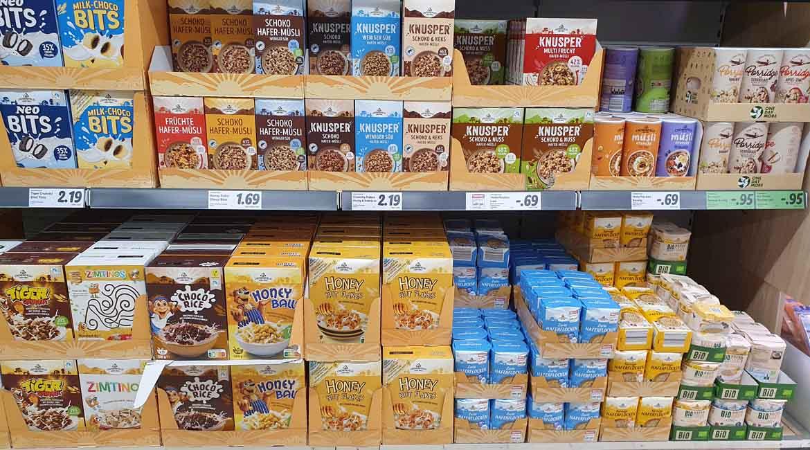 Mogelpackung: Müsli bei Lidl im Regal (2022)