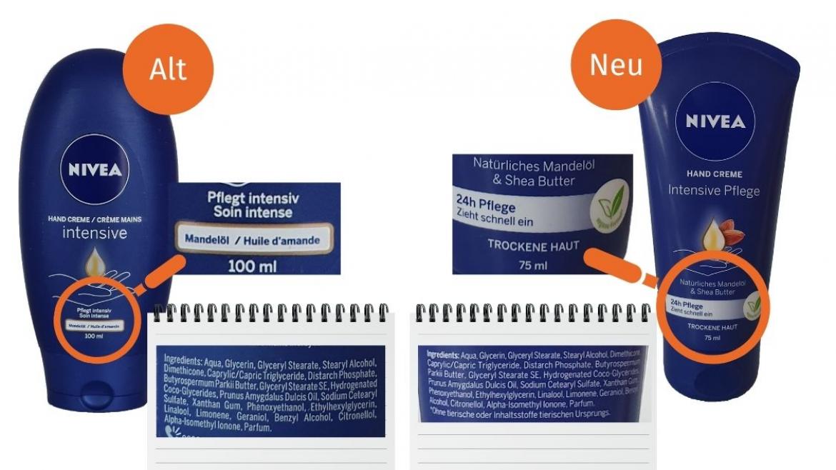 Mogelpackung: Nivea Hand Creme Sensitive Pflege (2021) Alt-Neu-Vergleich mit Inhaltsstoffen