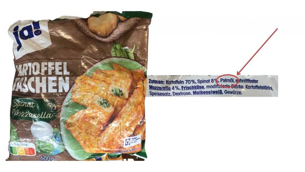 Ölwechsel: Foto von Produkt Ja! Kartoffeltaschen Spinat Mozzarella mit Palmöl (2023)