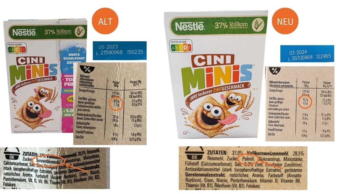 Ölwechsel: Foto von Nestlé Cini Minis mit Sonnenblumenöl und Palmöl im Alt-Neu-Vergleich (2023)