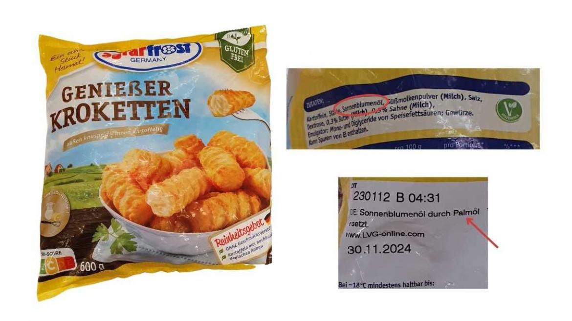 Ölwechsel: Foto von Produkt Agrarfrost Genießer-Kroketten mit falscher Kennzeichnung (2023)