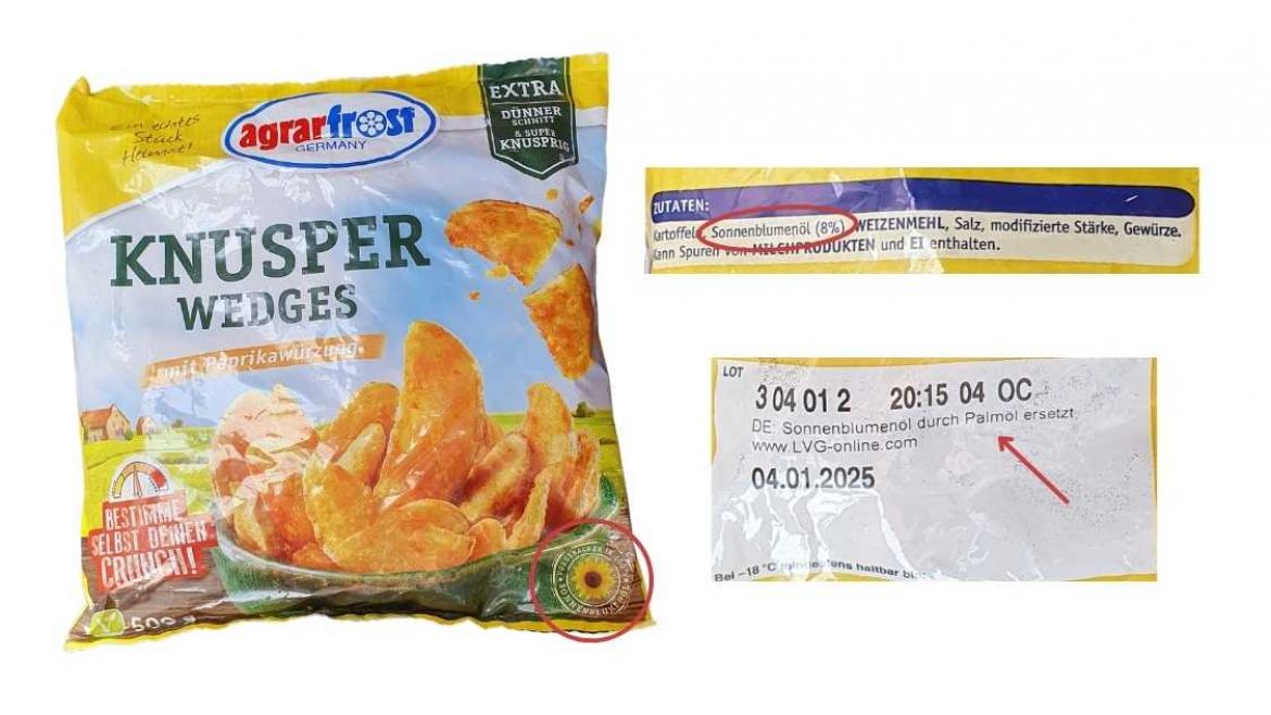 Ölwechsel: Foto von Produkt Agrarfrost Knusper Wedges mit falscher Kennzeichnung (2023)