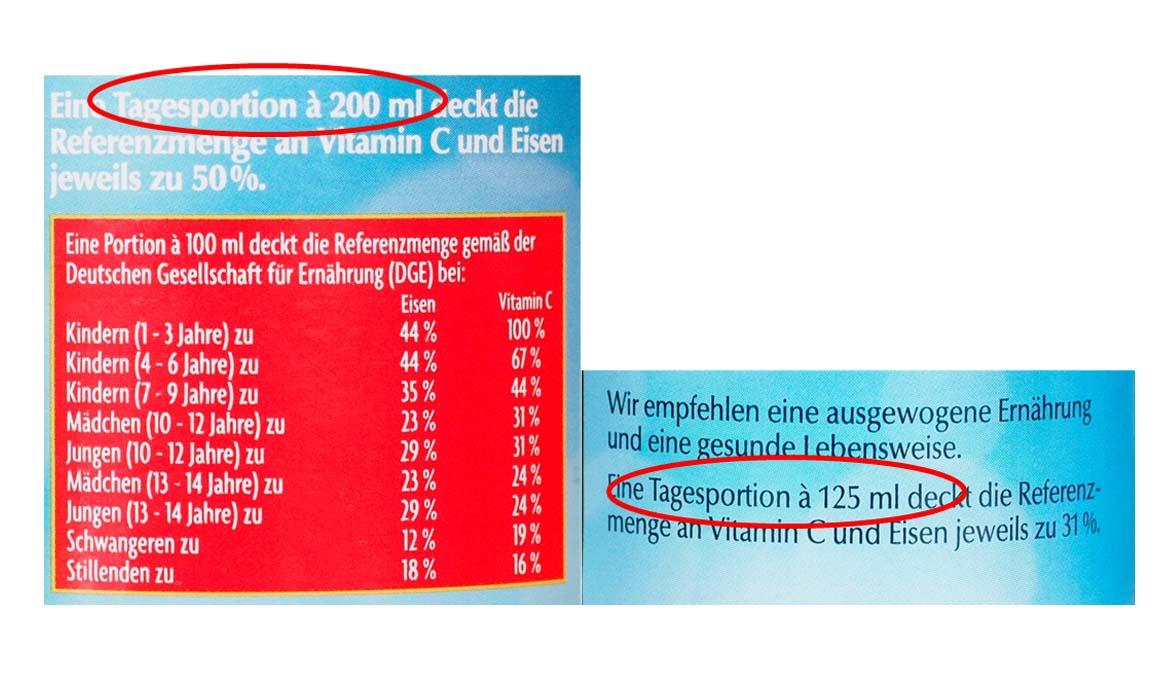 Portionsgrößen: Vitaminsaft von Rotbäckchen