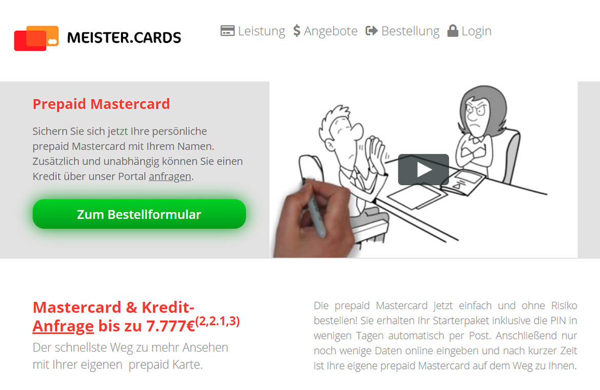 Screenshot des Kreditportals meister.cards