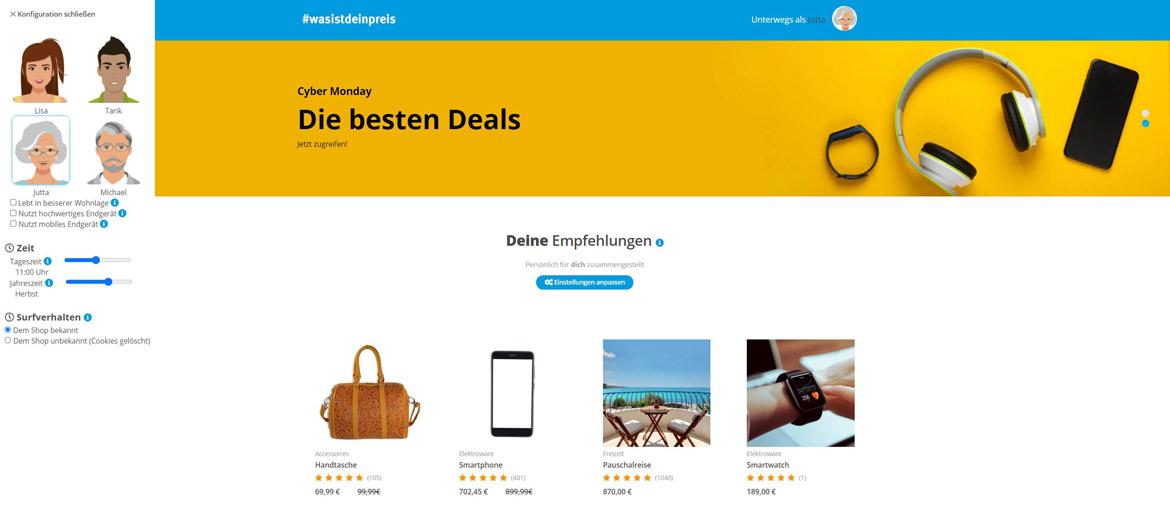 Dynamische Preise im Online-Handel: Screenshot des Webshops #wasistdeinpreis