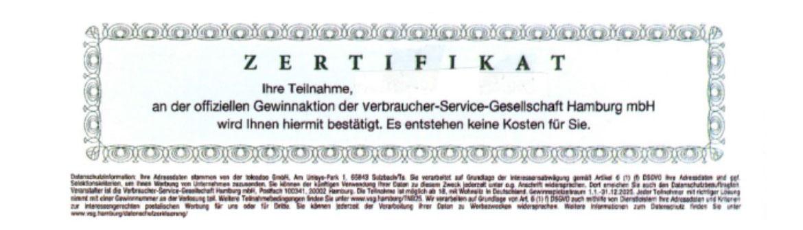 Zertifikat in Gewinnspielschreiben der VSG Verbraucher-Service-Gesellschaft Hamburg