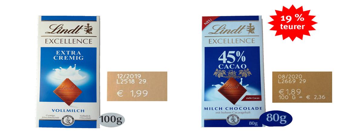 Mogelpackung: Lindt Schokolade im Vergleich 80 g und 100 g