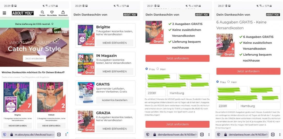 Abos: Screenshots von Dankeschön-Abos bei aboutyou.de