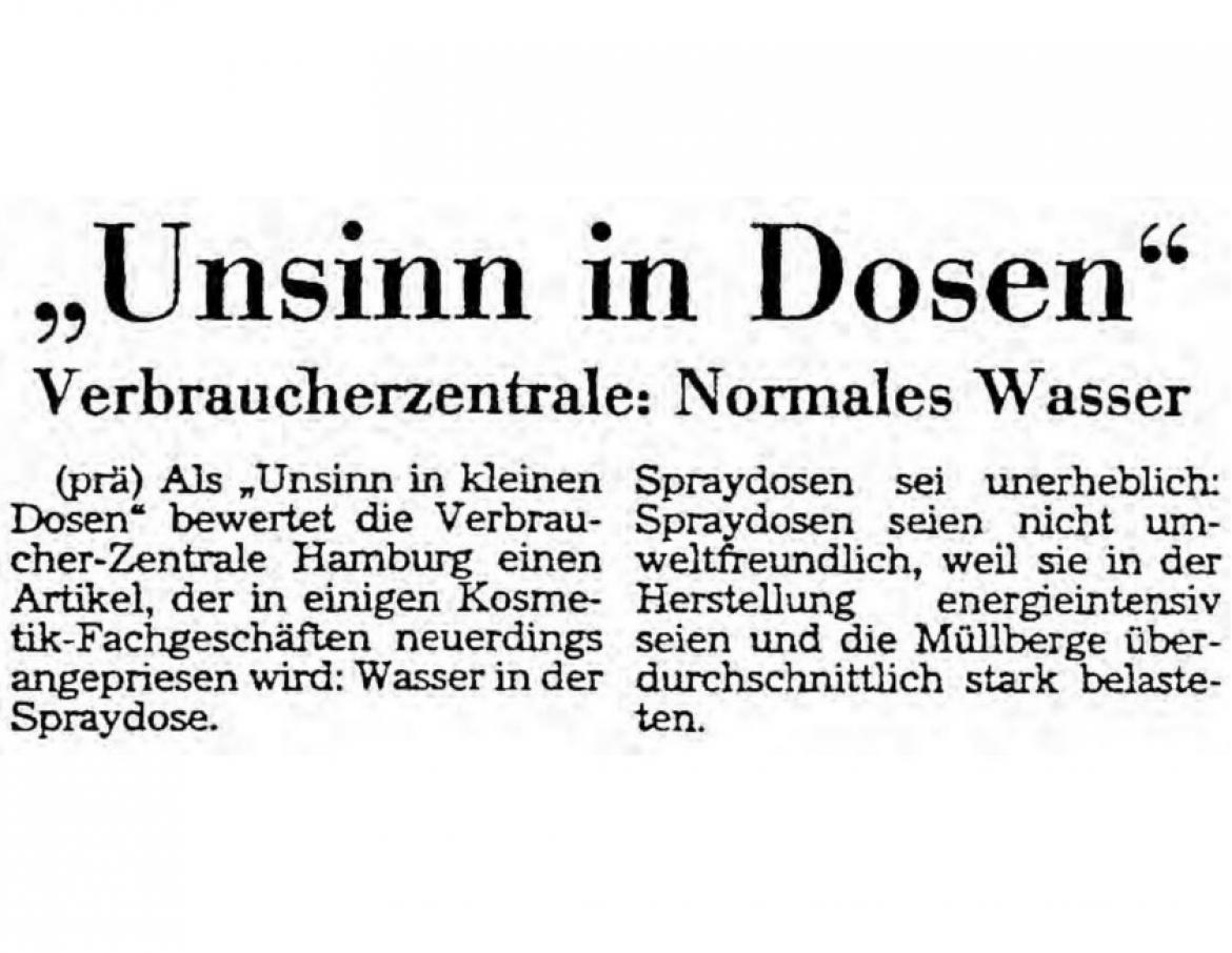 Artikel "Unsinn in Dosen" nach einer Pressemitteilung der Verbraucherzentrale (1990)