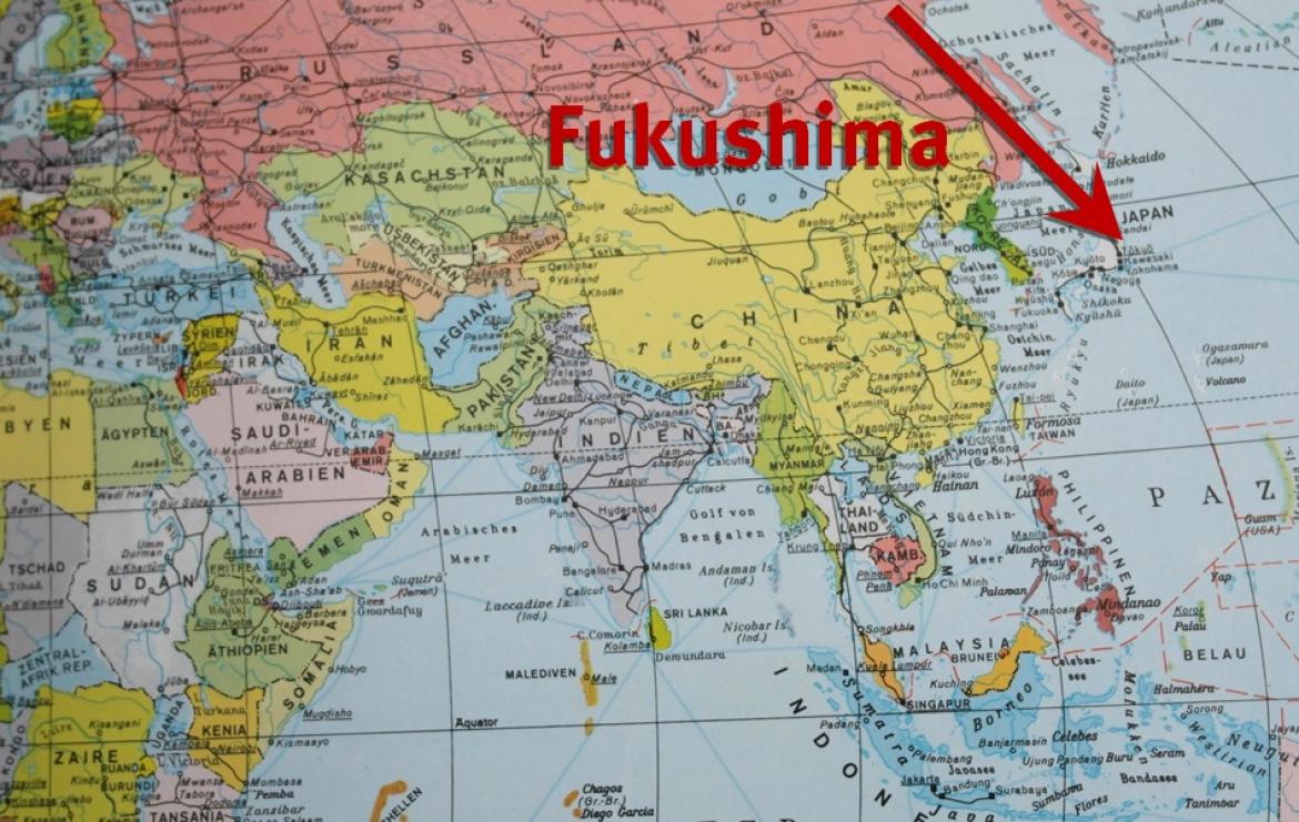 Fukushima, markiert auf einer Weltkarte
