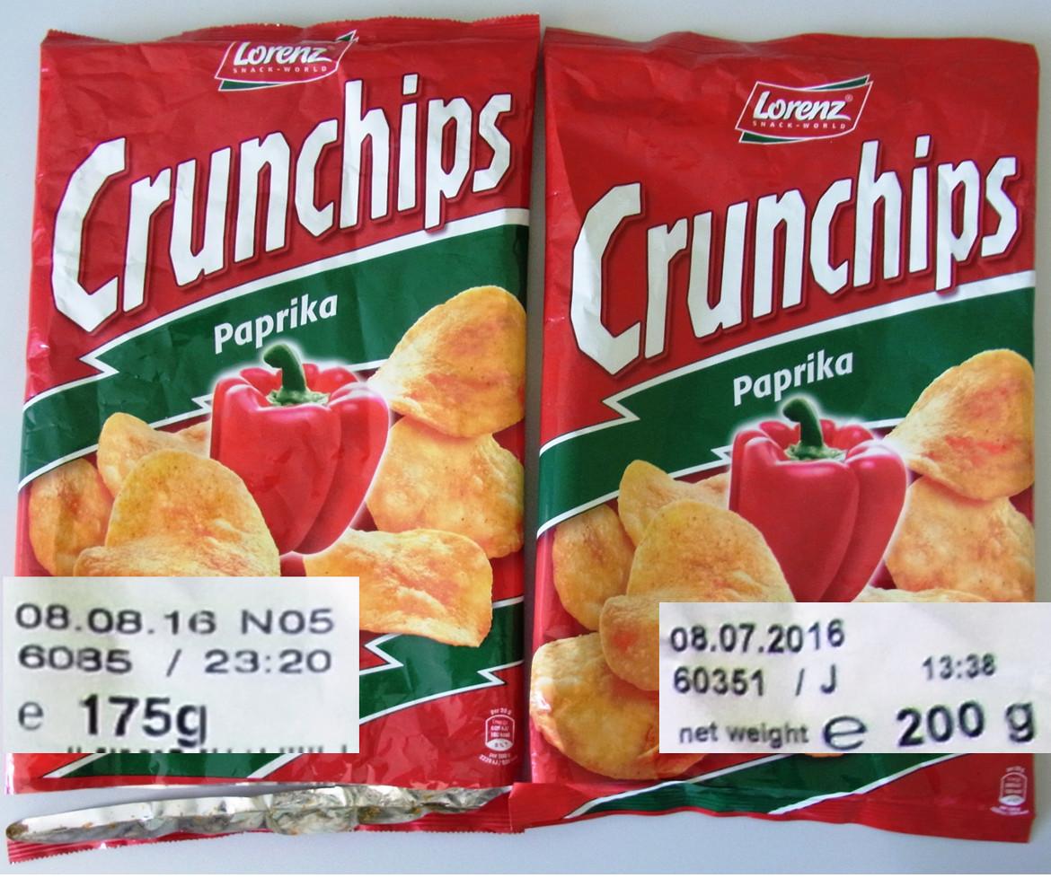 Vergleich der alten und neuen Verpackungsgrößen der Crunchips von Lorenz Bahlsen Snack-World