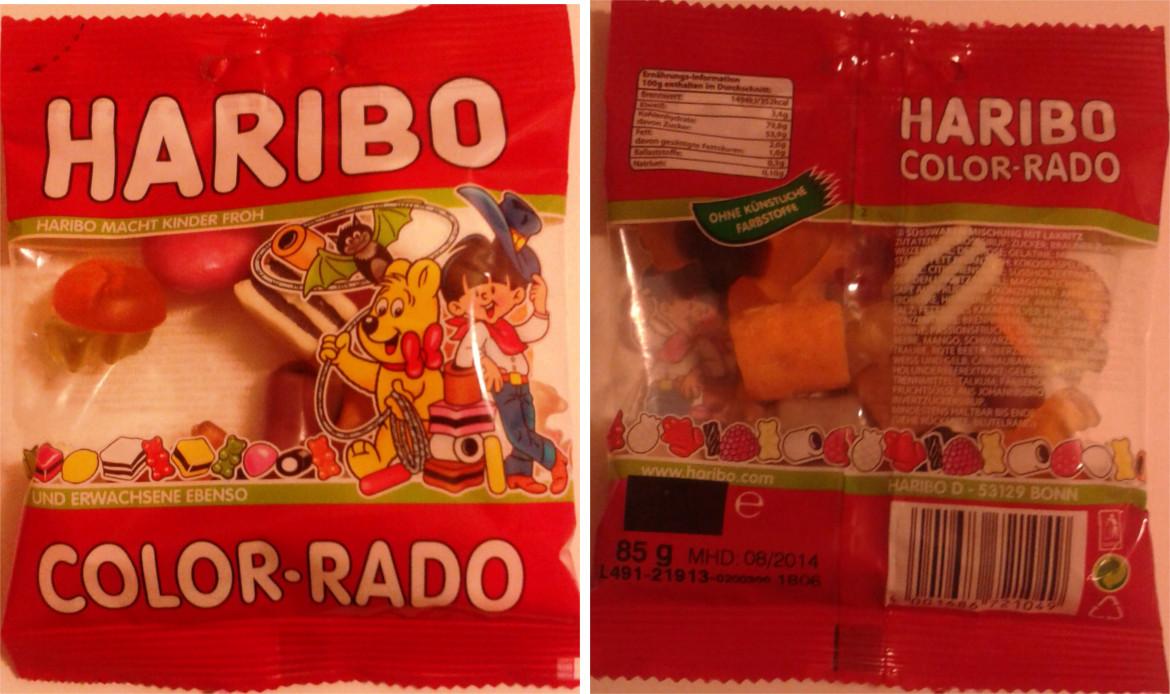 Vorder- und Rückseite einer 85 Gramm Packung Haribo Color-Rado